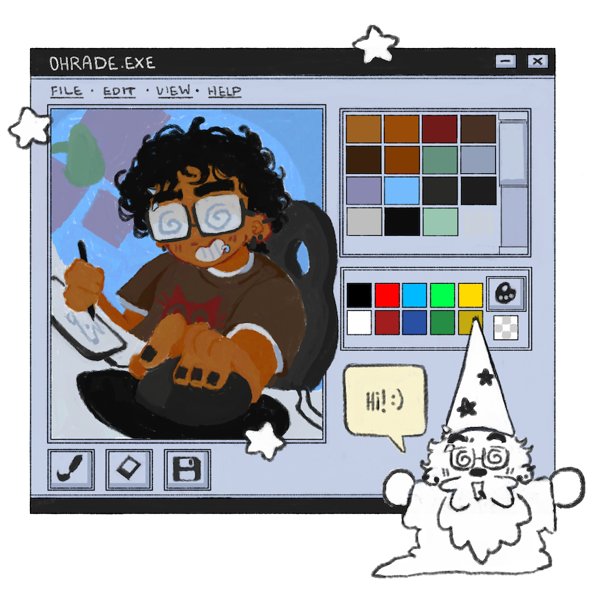 A self portrait. It features myself; a brown man with black curly hair and glasses. This drawing is framed by a drawing made to resemble the MS Paint UI.